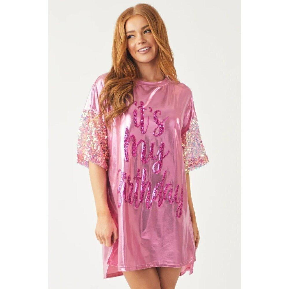 Birthday Queen Foil Sequin Dress in Pink - Picture 9 of 11